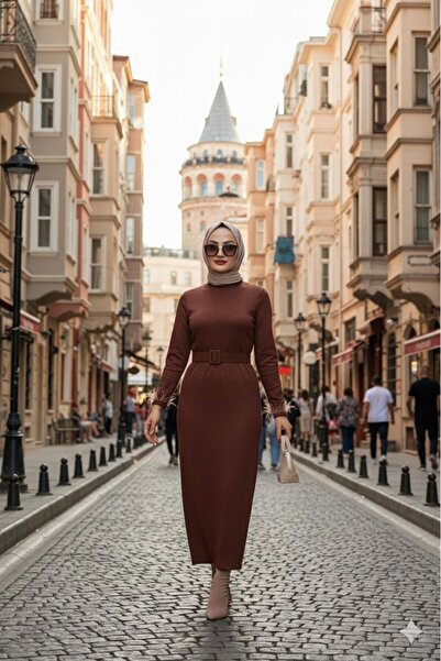 CYM Butik Fitilli Triko Kolu Tüylü Tesettür Elbise