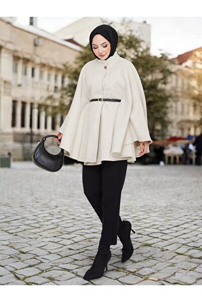 Cochines Γυναικεία κρεμ χρυσή μπροσούρα με κουμπιά και ζώνη ψηλός λαιμός Μαύρο καστανό χρώμα Τουνίκ Μακρύ Πόντσο