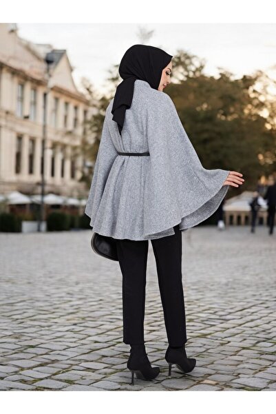 Cochines Women's Gray Gold Brooch Buttoned Belted Mock Neck Gray Cashmere Hijab Tunic Long Poncho