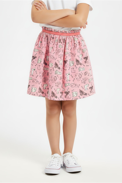 Gambino Κοριτσίστικη φούστα από 100% βαμβακερό σκυλί με στάμπα με λεπτομέρεια στη μέση - Ροζ