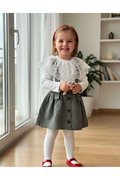 Dadiva فستان بناتي أخضر اللون مع تفاصيل من الغيبور على الياقة