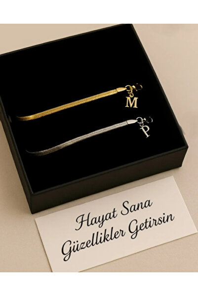 GLANZEND Kararmaz Çelik 2li Italyan Gold Ve Gümüş Harfli Bileklik Sevgili , Ç...