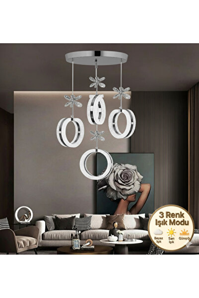 Marsel Lighting ALYA Model 4’lü Krom 3 Renk Modu Ledli SALON OTURMA ODASI AVİZE