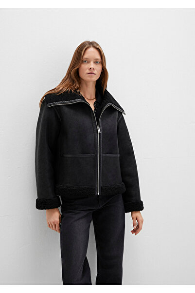 Mavi Faux Fur Detailed Black Faux Leather Jacket Oversized / Wide Cut 1110718-900