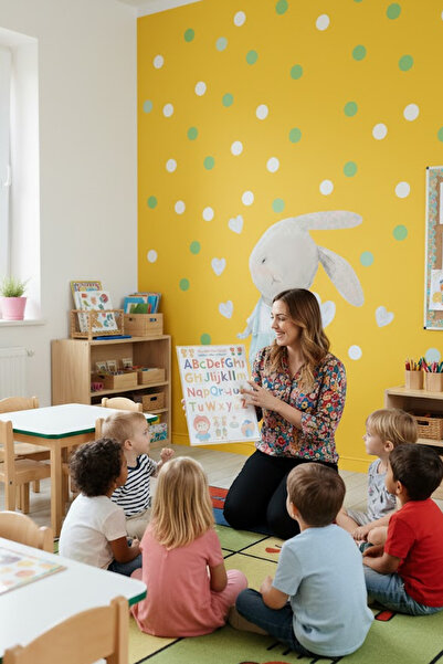 KT Decor Set de autocolante de perete cu iepure cu inimă drăguță în salopetă gri