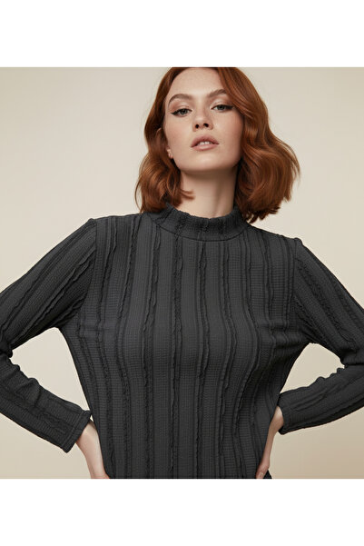 ns nirvana secret Women's Textured Stretchy Knitted Ruffle Fabric Turtleneck Blouse