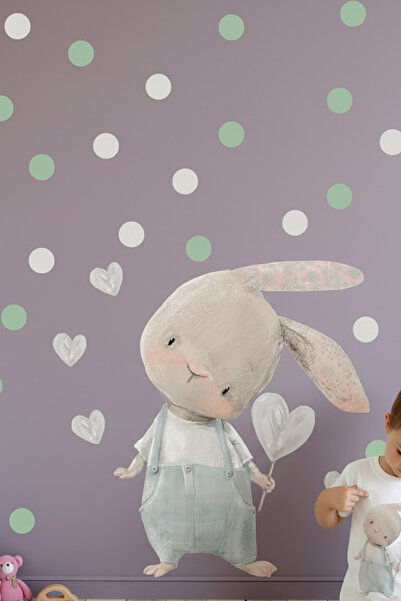 KT Decor Set de autocolante de perete cu iepure cu inimă drăguță în salopetă gri