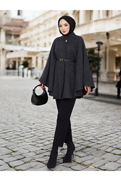 Cochines Γυναικεία μαύρη χρυσή καστανοπούλα με κουμπιά και ζώνη ψηλός λαιμός Μαύρο καστανόπολο Τουνίκ Μακρύ Πόντσο