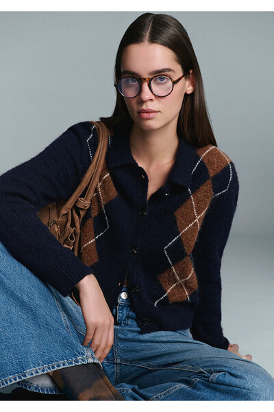 Mavi Светло-синій кардиган зі змішаною вовною та візерунком «баклава», облягаючий крій / вузький крій 1710825-84371