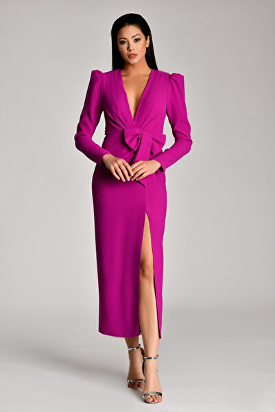 ALFABETA V Neck Long Sleeve Slit Long Evening Dress