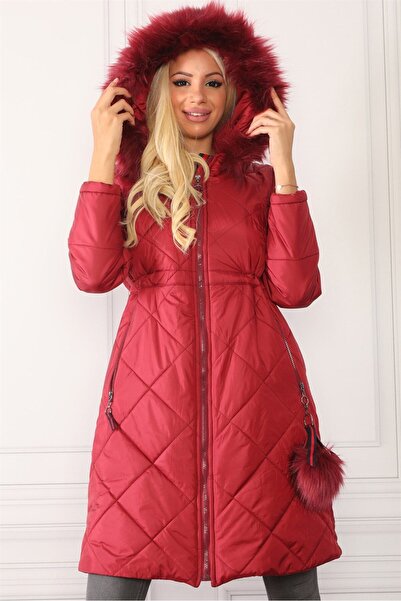 Dewberry Z6646 Dewberryn Fur Pompon Coat-Burgundy