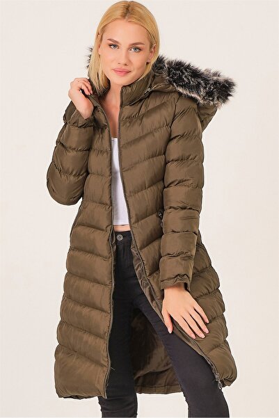 Dewberry Z6690 Fur Hooded Coat-Khaki