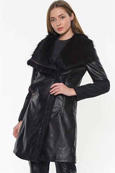 Dewberry معطف جلد فرو Z6614 - أسود