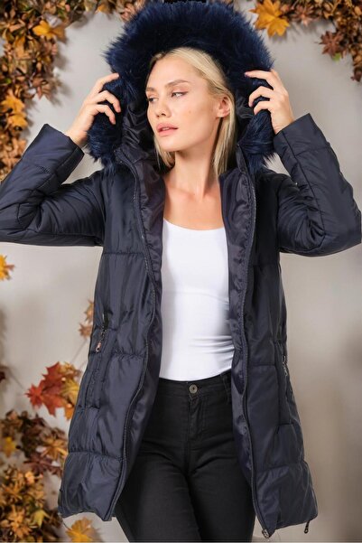 Dewberry Z6668 Coat-Solid Navy Blue