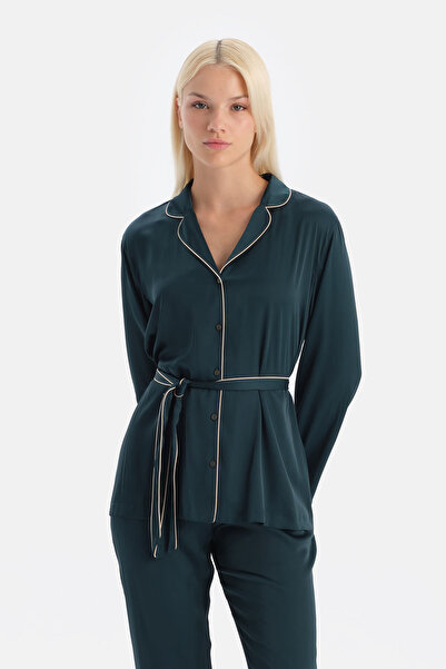 Dagi Dark Green Piped Detail Satin Tie Shirt