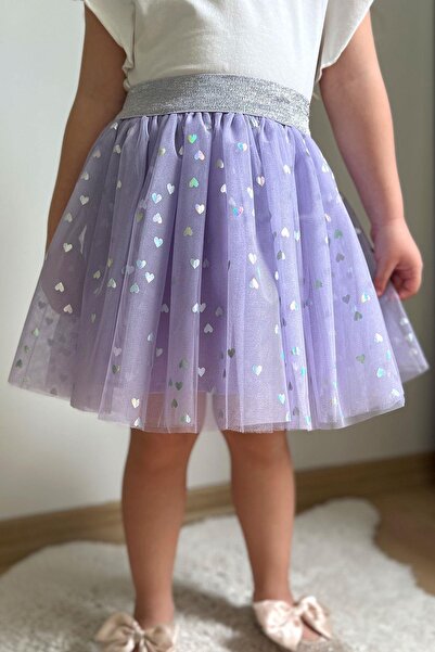 Breeze Lilac Colored Girls Tutu Skirt, Glittery Heart Pattern Elastic Waist Needlework for Ages 5-10
