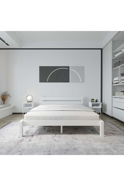 RENAZZO Letto Model Beyaz Renk Ahşap Karyola Ve İki komodin Set