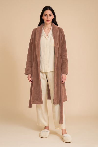 Calmera Wellsoft Polar Şal Yaka Kadın Sabahlık | Yumuşacık | Kuşaklı - Diz Boyu - Bornoz | Mocha