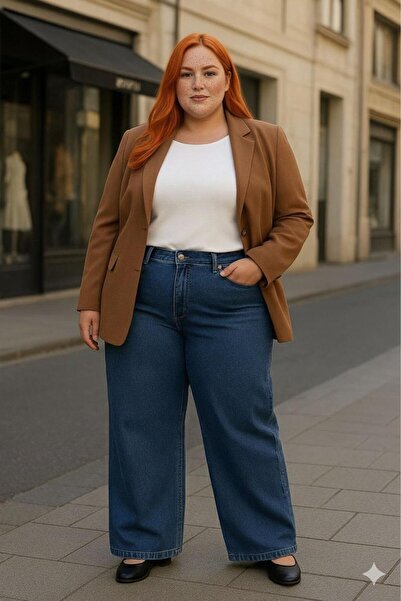 ELONİ New Season - Premium Super Battal High Waist Flexible/Lycra Wide Leg Denim Pants-Medium Blue