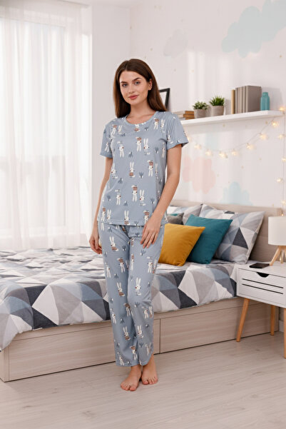 Arvin Pijama Γυναικείο σετ πιτζάμες με κοντό μανίκι με μαλακή υφή με στάμπα γκρι κουνέλι