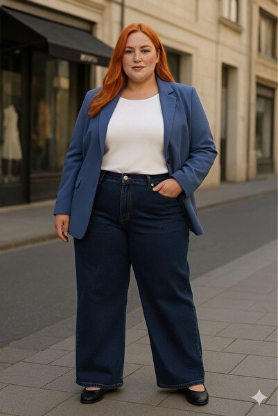 ELONİ New Season - Premium Super Battal High Waist Flexible/Lycra Wide Leg Denim Pants-Navy Blue