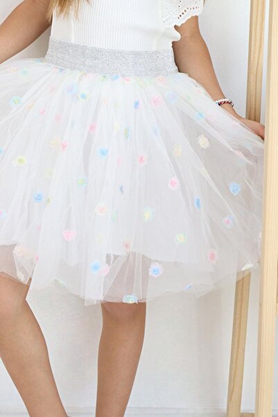Breeze Fusta tutu pentru fetiță, cu broderie florală colorată, 4-8 ani, albă