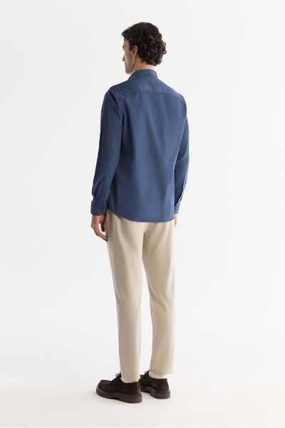 Avva Erkek İndigo Düğmeli Yaka %100 Pamuk Soft Touch Kadife Regular Fit Gömlek B002032
