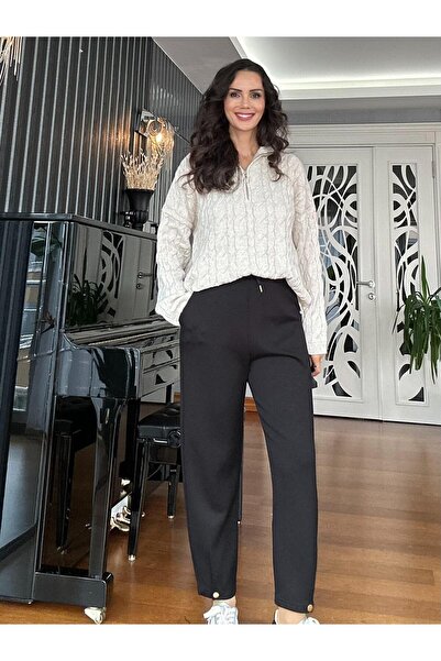 Atelier Derin Pantaloni confortabili din lycra neagră cu talie elastică și de...