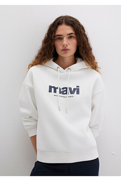 Mavi Logo Printed Hooded Ecru Sweatshirt 168334-81964