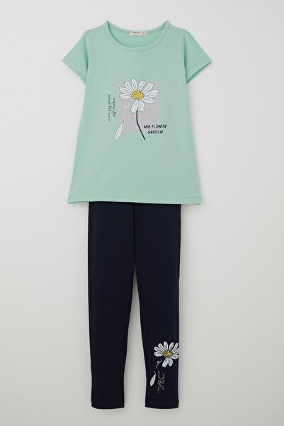 Breeze Daisy Printed Girl's Tights Set - Age 4-9, Water Green