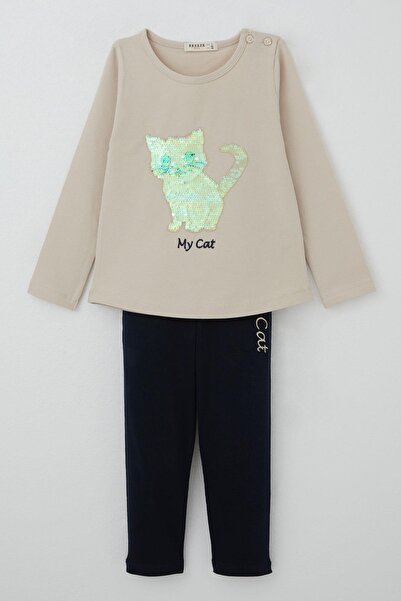 Breeze Girl's Tights Suit Sequined Kitten Printed Embroidered 1.5-5 Years, Beige