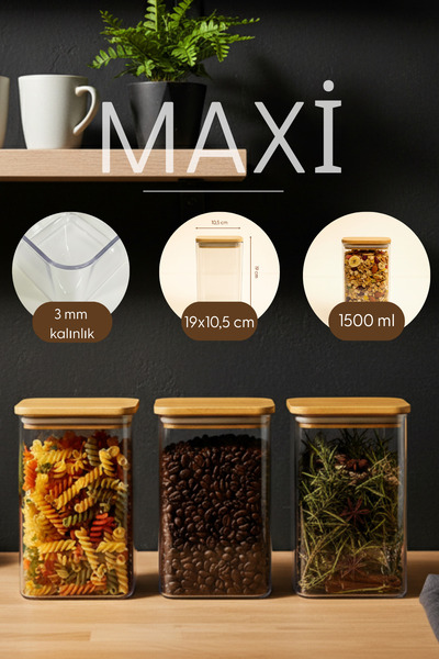 Fhilli Maxi - 3-Piece Bamboo Vacuum Lid Plastic Grain Food Storage Container 1500 ml