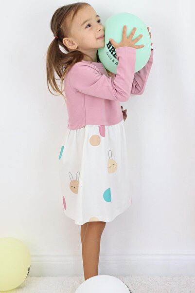 Breeze Χαριτωμένο πολύχρωμο μακρυμάνικο φόρεμα Bunny B με τύπωμα για κορίτσια 1,5-5 ετών - Dusty Rose