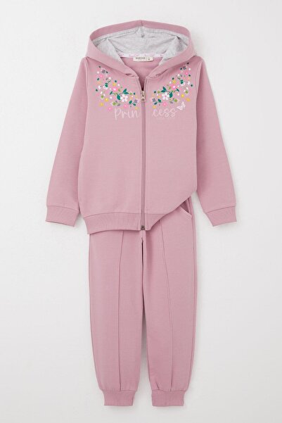 Breeze Colorful Floral Print Tracksuit Set for Girls - Zippered, Dried Rose, 1.5-5 Years