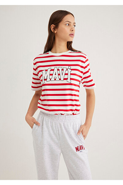 Mavi Logo Printed Red Striped T-Shirt Regular Fit / Normal Cut 1611360-84475