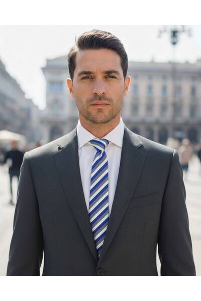 1001 Kravat Blue White Gray Striped 7.5 cm Wide Silk Tie