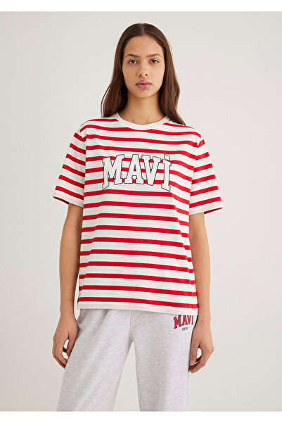 Mavi Logo Printed Red Striped T-Shirt Regular Fit / Normal Cut 1611360-84475
