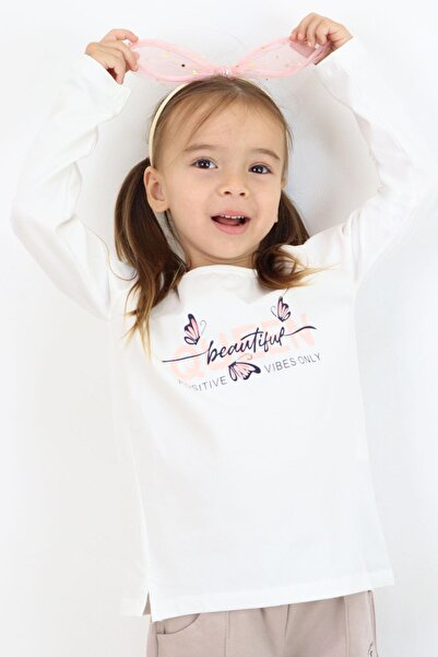Breeze 3-8 Years Girl's Ecru Long Sleeve Butterfly Patterned T-Shirt