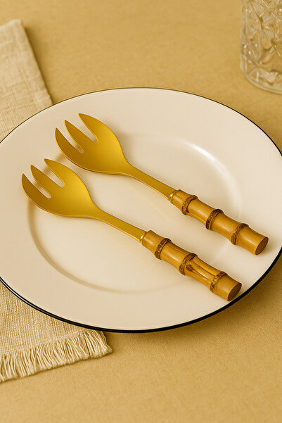 Anadolu Saray 2-piece bamboo wooden handle gold detailed fork set steel salad pasta service set