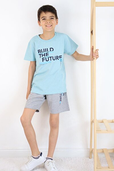 Breeze 8-14 Years Boy's Shorts Set - Text Printed, Pocketed, Water Green