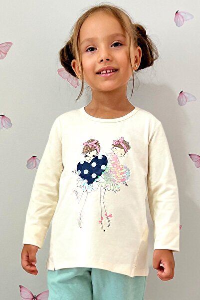 Breeze Kız Çocuk Uzun Kollu Tişört Pullu Kız Baskılı 2-6 Yaş, Krem