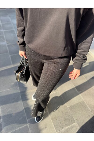 Butik Siyah taşlı simli triko beli lastikli bol pantolon 36/42 beden uyumlu std