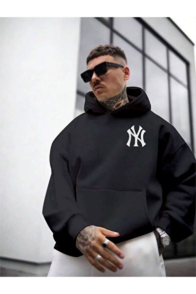 NİCE Ανδρικό φούτερ με κουκούλα με εμπριμέ NY μπροστά, μαύρο μπροστά