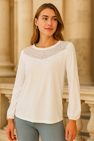 MEGHAN L.A Soft Stretchy Fabric Blouse with Lace Detail on the Front