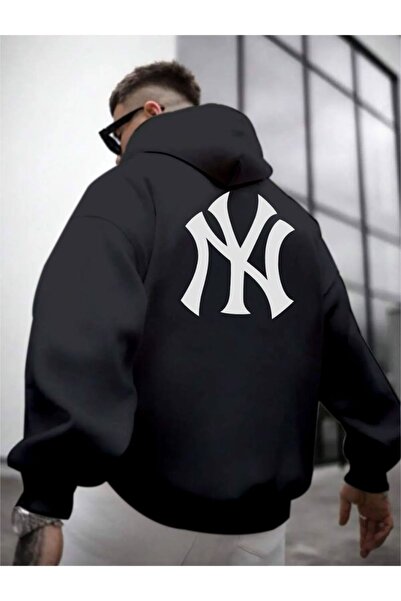 NİCE Ανδρικό φούτερ με κουκούλα με εμπριμέ NY μπροστά, μαύρο μπροστά