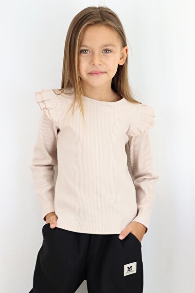 Breeze Kız Çocuk Uzun Kollu Tişört Omuzu Fırfırlı 5-10 Yaş, Bej