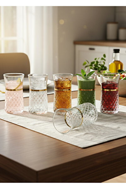 SEÇKİNEV Çınar 6-Piece 355ml Gilded and Cut Water Glass Set (Plaid-Line)