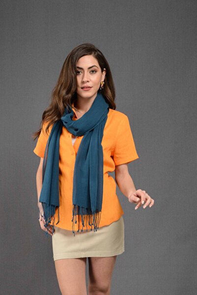 Dosimira Women's Petrol Solid Color Fringed Cotton Large Shawl