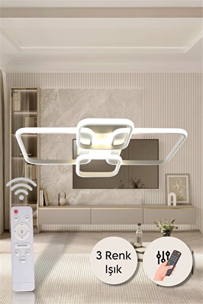 EYSHOP Modern Beyaz 4'lü Kare Model Kumandalı 3 Renk (Beyaz&Sarı&Günışığı) Led Avize Salon Yatak Odası