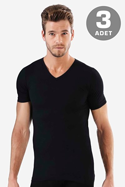 Arma Yıldız Men's V-Neck Short Sleeve Undershirt Black 100% Cotton Combed Cot...